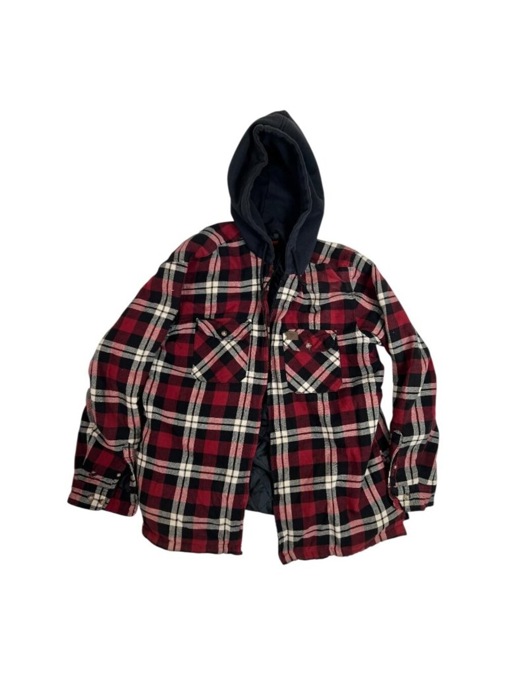 VTG Wrangler Riggs Workwear Jacket Mens Medium Red Plaid Hooded Quilted Shacket